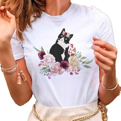 Remera Dama Mujer Street Mascota Con Flores Gato Gatito #08