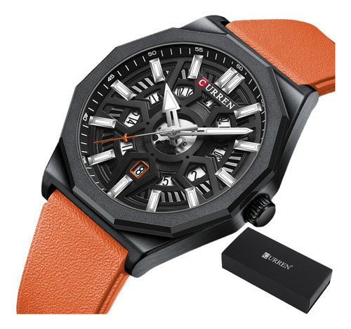 Relógio de quartzo Curren Waterproof Causal Calendar com pulseira laranja