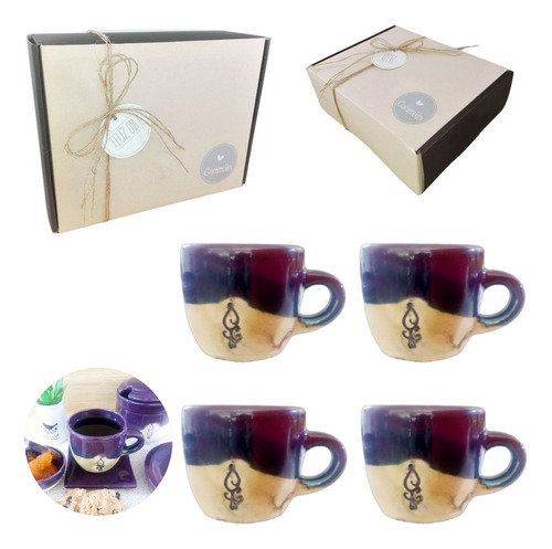 Set Tazas X 4 Cerámica Artesanal Regalo Box Kit Kvjv178