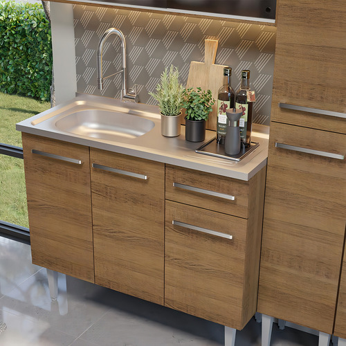 Armário De Cozinha Compacta 169cm Com Pia Emilly Madesa 11 R Cor Rustic