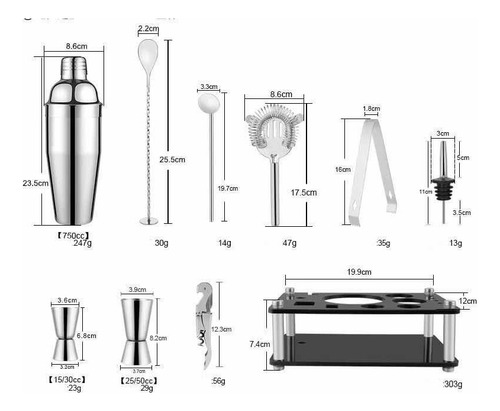 Set Bartender Coctelera Tragos Bar Bebidas Acero Inoxidable