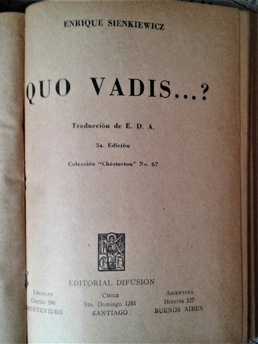 Quo Vadis ... ? Enrique Sienkiewicz - Difusion 1953 (Usado)