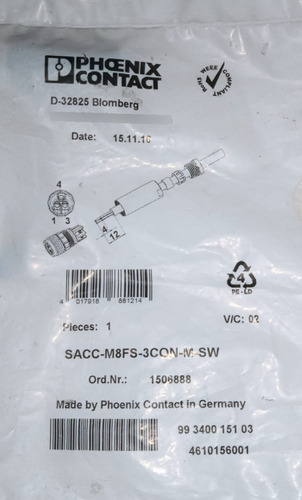 Conector, Marca: Festo, Modelo: Sacc-m8fs-3con-m-sw (Usado)