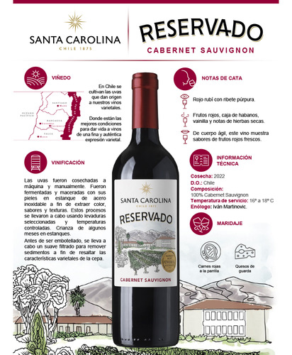 Vino Tinto Cabernet Suavignon Santa Carolina Reservado 750ml