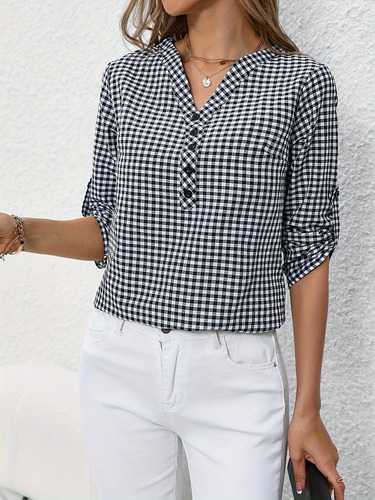 Camisa De Mujer Con Estampado De Cuadros Suave Y Suelta