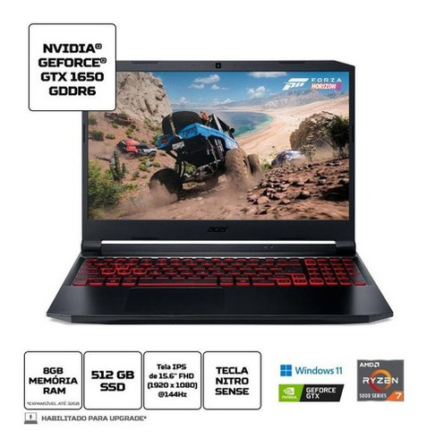 Notebook Gamer Acer Nitro 5 An515-45-r1fq Amd Ryzen 7 Windows 11 Home 8gb 512gb Ssd Gtx 1650 15.6 Polegadas