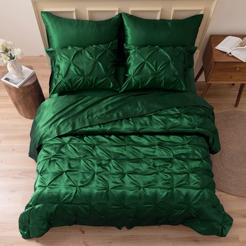 Edredón Seda Matrimonial 8 Pzs Juego Ropa Cama Verde Oscuro