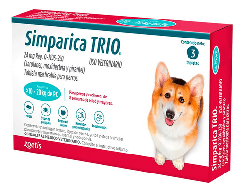 Simparica Trio Antipulgas Para Perros 10.1 A 20kg X 3 Tab