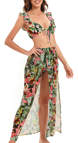 Traje De Baño Estampado De Tres Piezas A127 Split Show Waist