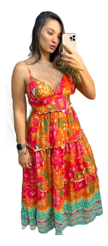 comprar Vestido Longo Feminino Estampa Floral Decote V Com Alcinha