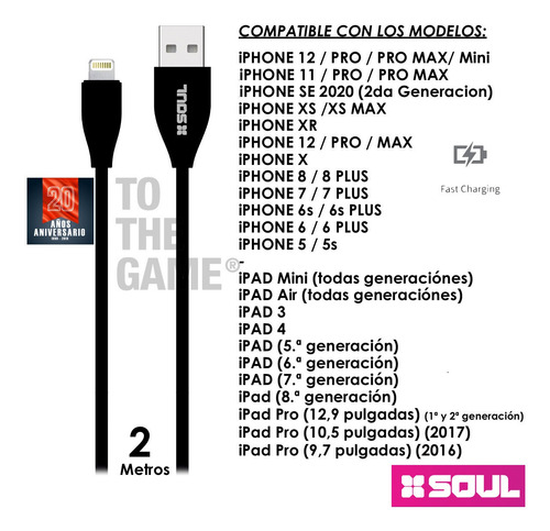 Cable Usb Cargador Largo 2 Mts Reforzado Soul Para iPhone