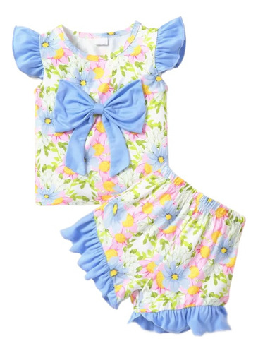 Conjunto Verano Niña Con Moño Y Estampado Floral Multicolor Azul 18-24 M