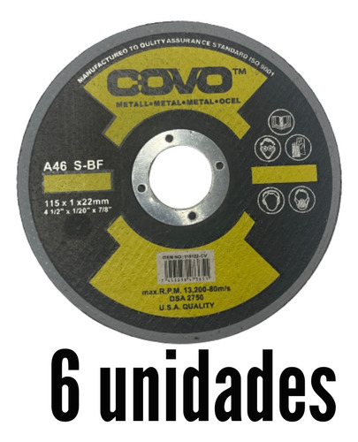 Disco Corte Extrafino Metal 4-1/2´´x 1/20´´x7/8´´ Covo 6 Uds