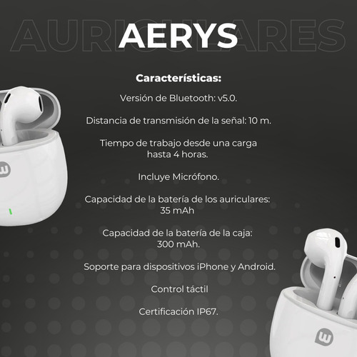 Auricular Inalámbrico Wollow Aerys Ergonómico 4hs Táctil