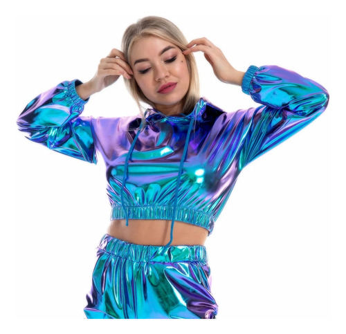 Sudaderas Con Capucha Holográficas Para Mujer, Manga Larga,