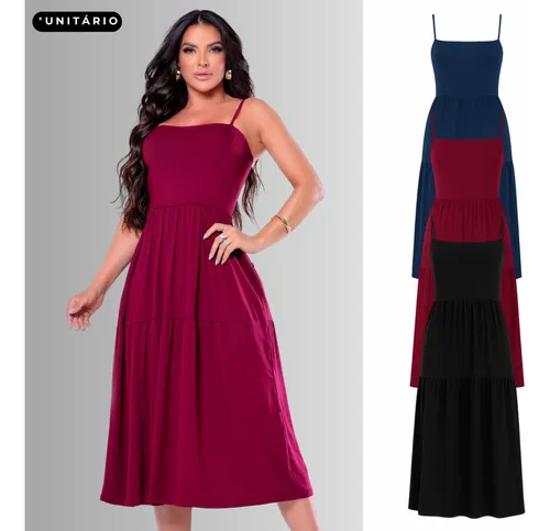 Vestido Verão Elegante Midi Feminino Liso Alça Casual