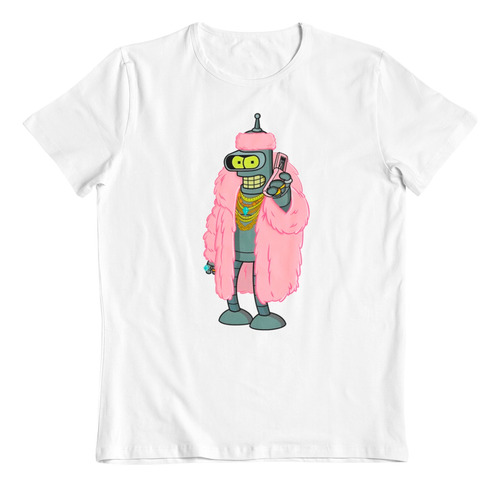 Polera Blanca Algodon Estampada Bender Futurama Juegos Azar