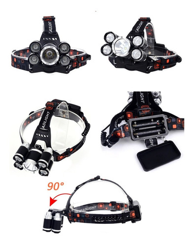 Imagen 7 de 10 de Linterna Led Recargable Minero Vincha 5 Cree T6 Usb 12v