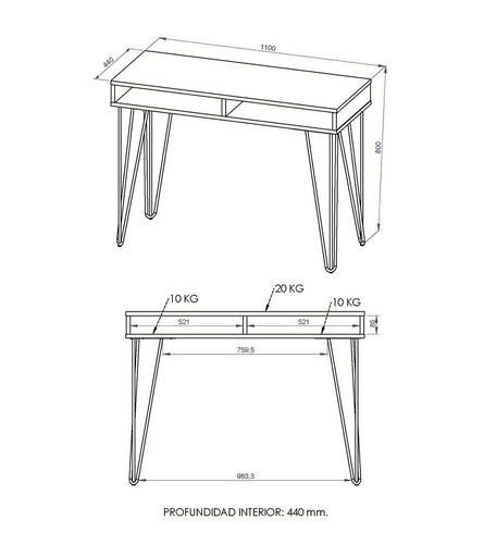 Escritorio Industrial Dielfe LIE110 - 44 cm - 110 cm - 80 cm - Atakama/Negro