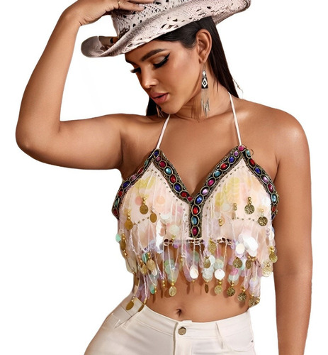 Crop Top Brilla Camiseta Monedas Blusa Danza Playa Fiesta