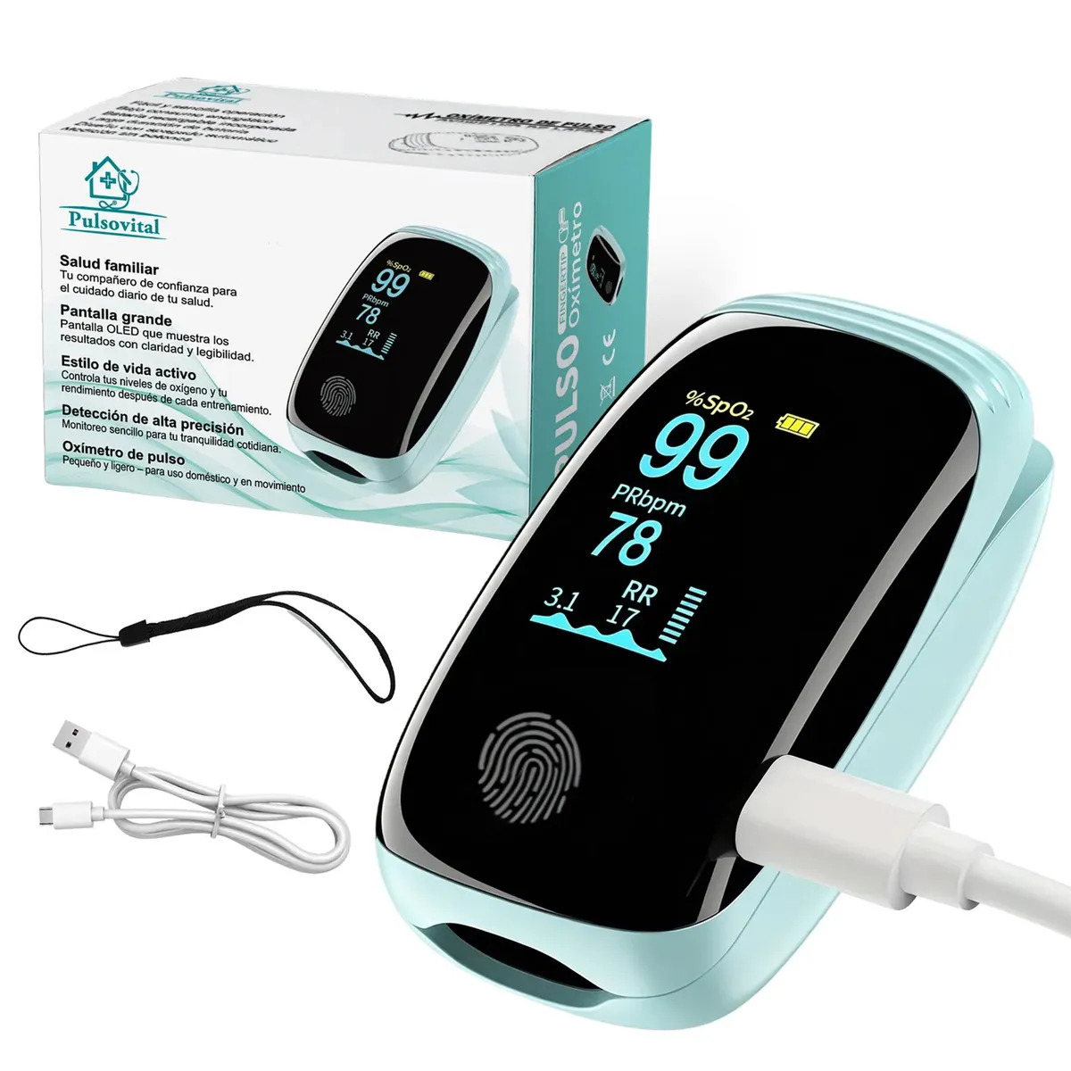 Pulsovital Oximetro Digital Recargable Usb C,pulso De Dedo Muy Preciso,con Frecuencia respiratoria,color azul claro