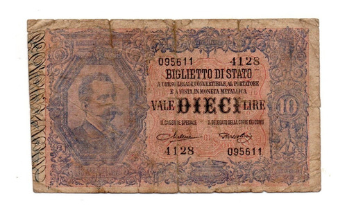 Italia Reino Billete 10 Liras Año 1923 P#20h Umberto I 1888
