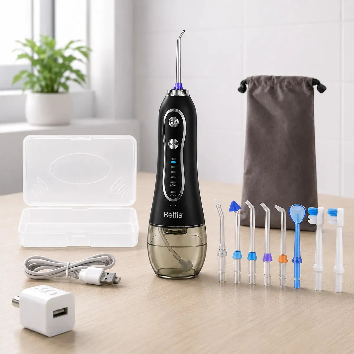 Irrigador Bucal oral Ducha Dental Water Hf-6 Belfia con 5 Niveles 8 Picos USB recargable 300 ML de agua ideal para brackets implantes mal aliento cuidado de encias