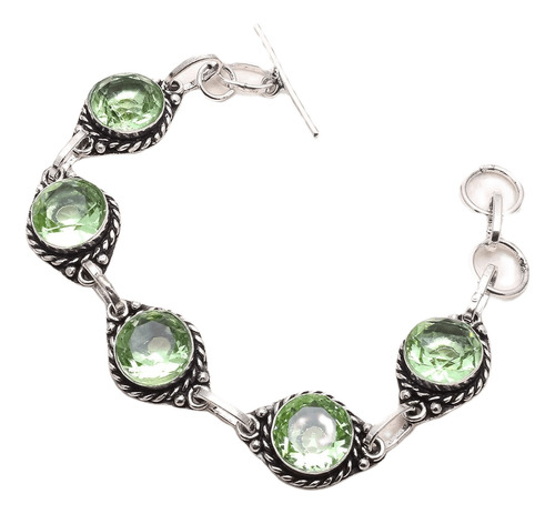 Pulsera  Artesanal Plata Hindu 925 Con Cuarzo Verde Clarito