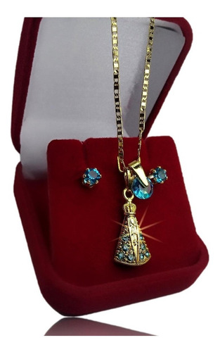 Imagem 2 de 6 de Conjunto Colar E Brinco Pedra Azul Nossa Senhora + Brinde