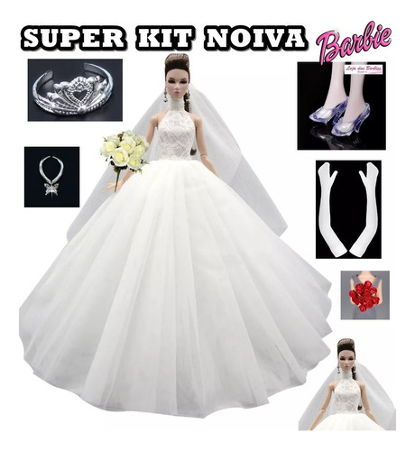 Kit Para Boneca Barbie Noiva Vestido Luva Véu Sapato Tiara +