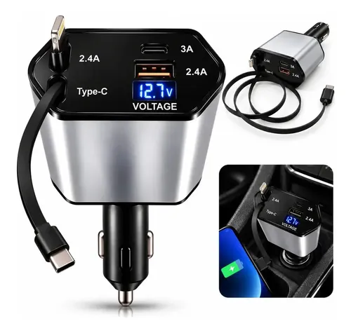 Carregador Celular Veicular Turbo Rápido 120W 4 Em 1 Cabos Retráteis Tipo-C + Portas USB USB-C Android IOS Display Led Digital Voltagem 12V 24V Automotivo Carro Caminhão SUV's