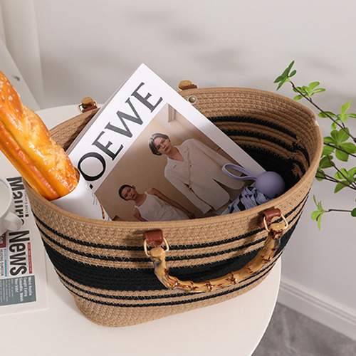 Bolsos De Playa De Moda Con Mango De Bambú, Algodón Tejido A