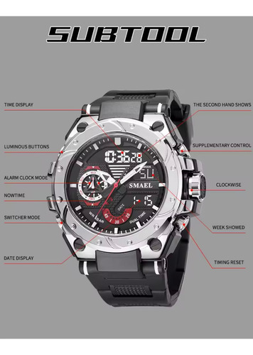 Reloj Smael 8060 Casual Uso Rudo Impermeable Moda Negro Cromo Negro