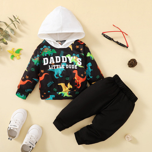 Conjunto Casual De Manga Larga Para Niños Con Estampado Negro 6-9 M