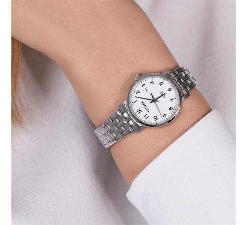 Citizen White Dial Ladies Dress Eu6090-54a Correa Plateado Bisel Plateado Fondo Blanco