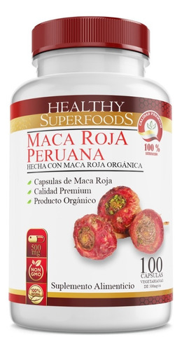Maca Roja Pura Orgánica Premium 100 Capsulas 500mg Sabor Natural