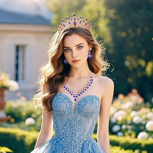 Tocado Novia Tiara Corona Mujer Xv Años Collar Y Aretes 3pcs