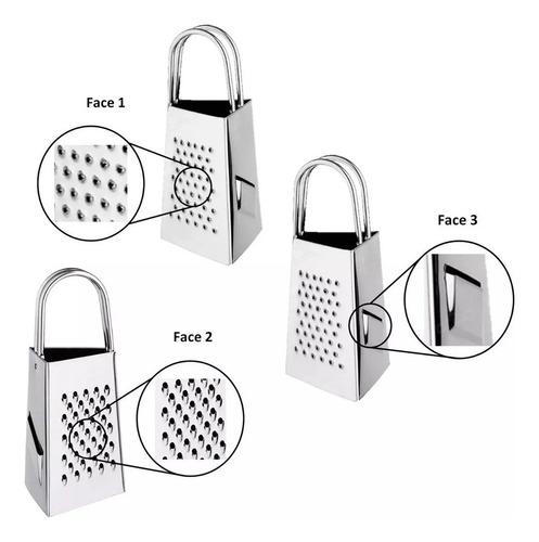 Mini Ralador 3 Faces Inox Alça Dupla P/ Queijos E Legumes