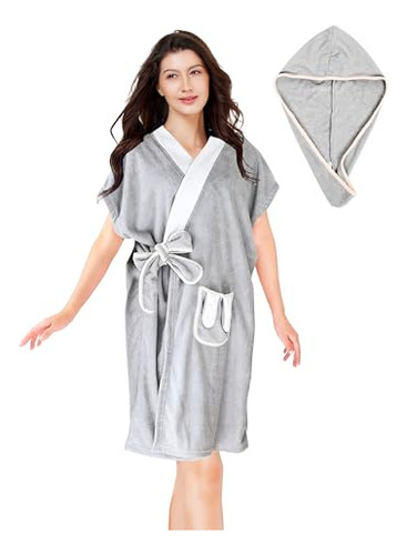 Bata De Baño Kimono Ligera Para Mujer Con Gorro De Ducha