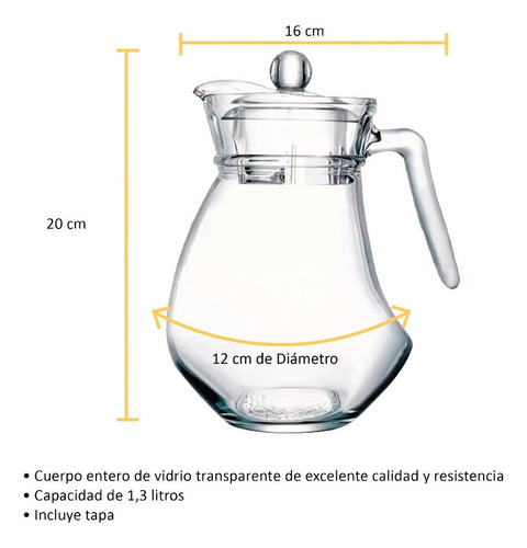 Imagen 4 de 7 de Jarra Vidrio Templado C/ Tapa Luminarc Agua/jugo 1.3l