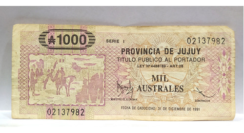 Billete 1000 Australes Bono Emergencia Jujuy 1989