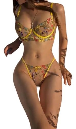 Sexy Conjunto De Lenceria Transparente Con Encaje 3 Partes