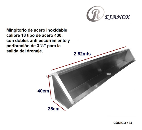 Mingitorio En Acero Inoxidable De 2.52mts Largo, Rejanox