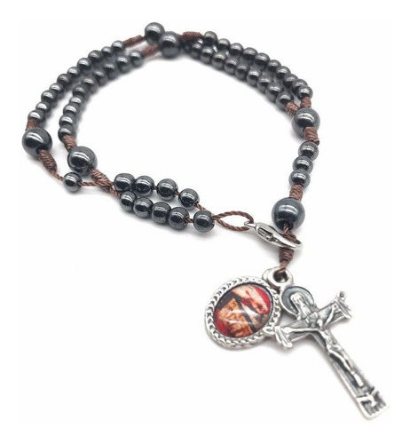 Pulseira Terço Pulso Mãos Ensanguentadas De Jesus Hematita Comprimento 24 Cm Diâmetro 6 Cm