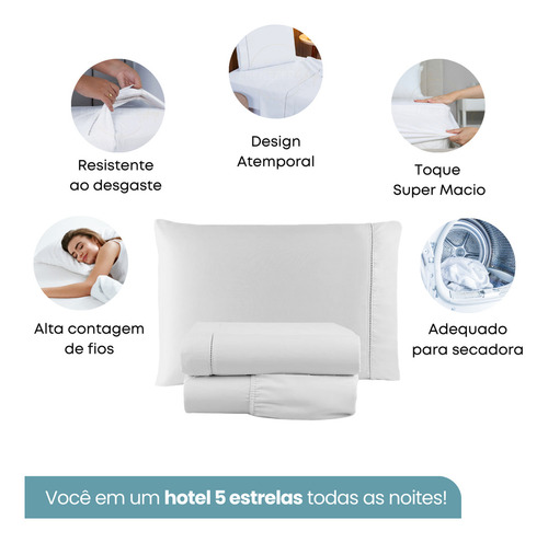 Jogo De Lençol Solteiro Padrão 3 Peças C/ Fronha Ponto Palito 400 Fios C/ Elástico Hotel Premium Cor Branco