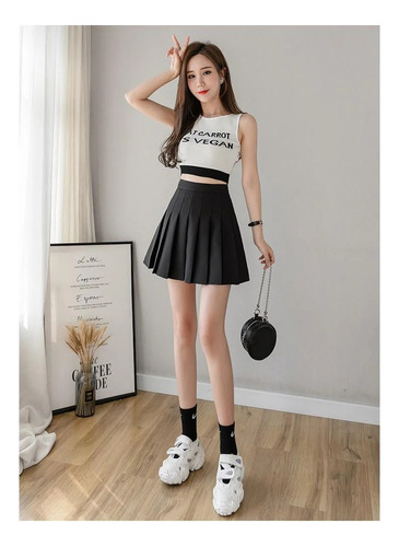 Minifalda Plisada Negra De Cintura Alta Para Niña, Uniforme