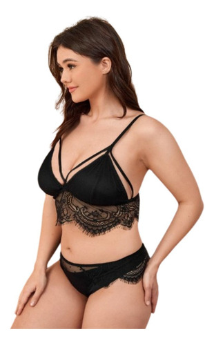Set Conjunto Lencería Curvy Tallas Extra Negro Encaje 3xl