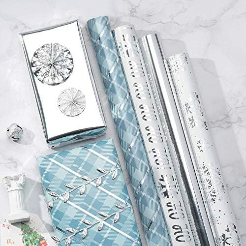 Wrapaholic Rollo De Papel Navideño - Cuadrícula Azul Y Copo