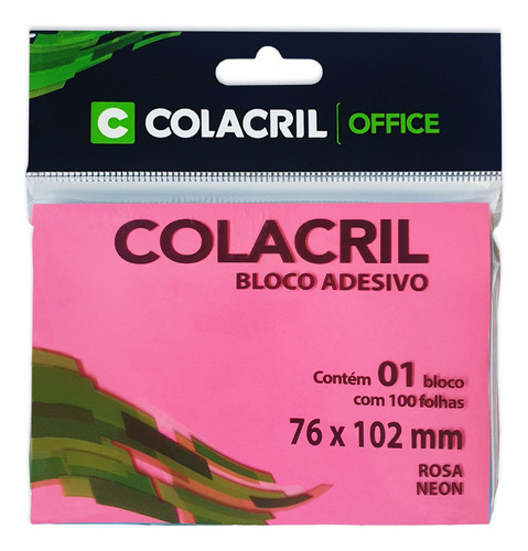 Bloco Lembrete Adesivo Colacril Neon 76x102mm 100 Fls Cor Rosa