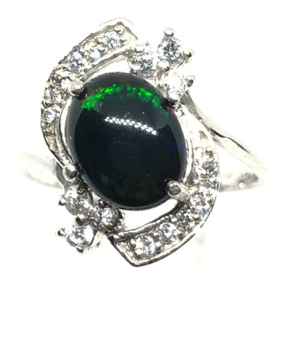 Anillo De Plata 925 Ópalo Negro Y Cz